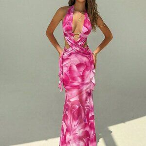 Pink Boho Women's Sexy Backless Criss-Cross Strap Bodycon Dress